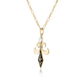 Side view moonstone and fleur de lis pendant necklace with black enamel shield