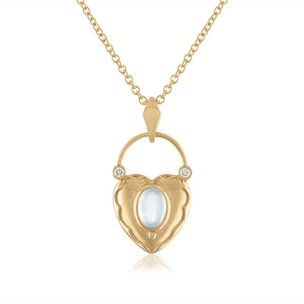 Gold heart lock pendant with moonstone and diamonds