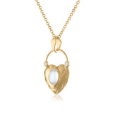 Side view of gold heart lock pendant with a center moonstone and diamond accents 