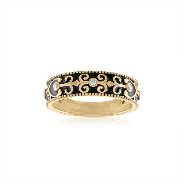 Black enamel and gold scroll eternity ring