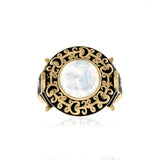 Face view Moonstone ring with gold scrolling in black enamel 