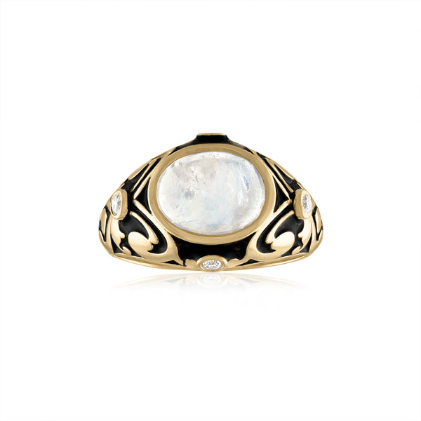 Face view Moonstone and black enamel ring with diamonds