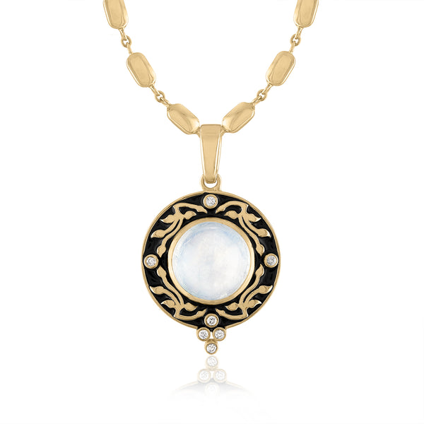 Moonstone statement necklace with black enamel and diamonds 