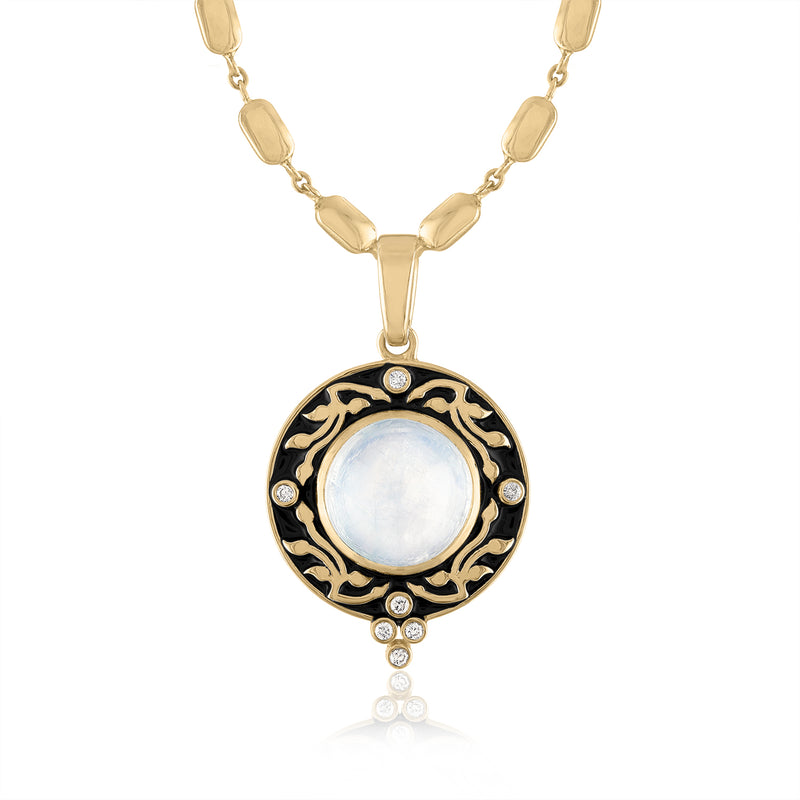 Moonstone statement necklace with black enamel and diamonds 