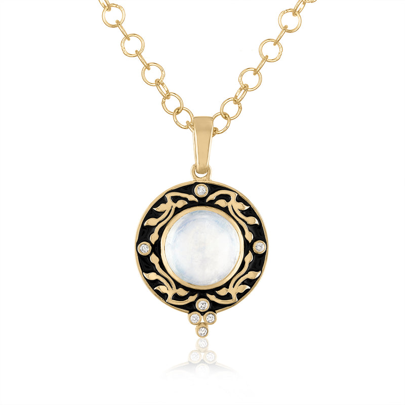 Enamel and gold scroll pendant with moonstone and diamonds 